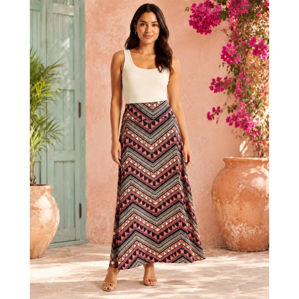 Charlotte Russe Large Geometric Chevron Maxi Skirt Rayon Stretch Boho 39"